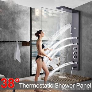 Black Rainfall Waterfall Shower Panels Massage Jets Shower Column Thermostatic Mixer Shower Faucet Tower Showers Tub Spout230S on Sale