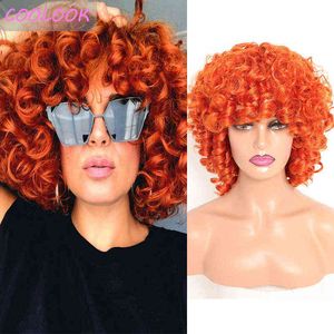 Short Kinky Curly Orange Wigs for Black Women 12'' Afro Ginger with Bangs Natural Synthetic Brown Shoulder Length Wig 220707