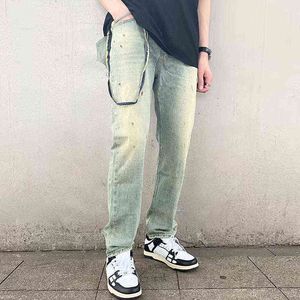 Высокая ручная ручная ручная расстройство, вымытая дизайн, мужские джинсы брюки Stragiht Streetwear, разорванные повседневными джинсовыми брюками T220803