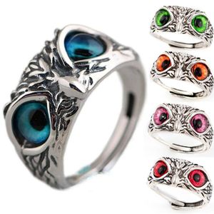 Retro carino design semplice anello gufo occhi multicolori colore argento uomo donna fidanzamento fedi nuziali gioielli regali ridimensionabili