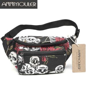 Annmouler Brand Women Waist Bag Canvas Fanny Pack Large Capacity Belt Skul&Rose Hip Chest for Girls 220531