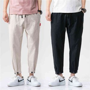 Calças de estilo coreano de nova moda masculina de cor de algodão casual e linho de linho, soltas, calças retas casuais All-Match G220713