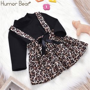 Humor Bear Spring Toddler Girls Clothes Black Shirt Strap Leopard Dress Set Outfits Children Suit Smittbarn Baby Kids kläder LJ201221