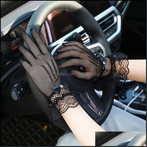Five Fingers Gloves Mittens Hats Scarves Fashion Accessories Wedding Thin Lace Bow Women Fl Finger Short Glove Punk Black Mesh Drop Deliv