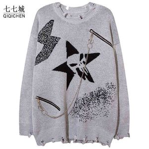 Knitted Sweater Men Lightning Star Skull Jumpers Pullover Gothic Punk Rock Chain Knitted Sweater Oversize Casual Streetwear Tops T220730