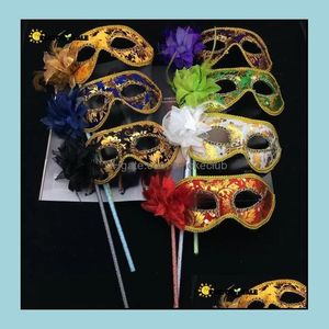 Party Mask Mens Women Halloween Venetian Masquerade Handheld Masks Feather Floral Sexy Carnival Prom Mixed Colors Fy3618 Drop Delivery 2021