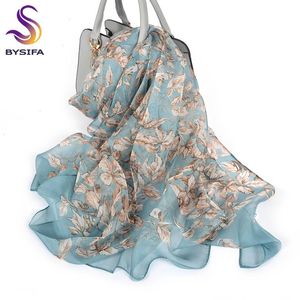 Bysifa 100 Silk Chiffon Scarf Female Brand Leaves Design Grey Khaki Long Scarves Beach Shawls Fall Winter Women Neck