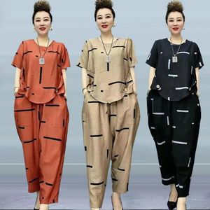 Women's Two Piece Pants Summer Women's Trousers Suit Pastoral Fashion Loose Short Sleeve Striped Cotton Linen Wild T-shirt Pant SetsWome