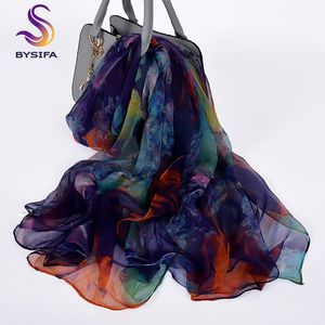 Bysifa Ladies Silk Scarf Shawl Long Scarves Fashion Brand Elegant Purple Blue Neck Beach Cover-ups