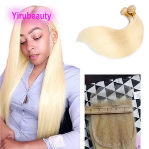 Brazilian Human Virgin Hair Silky Straight 2 Bundles With 5X5 Lace Closure Blonde 613# Color Double Wefts With Closures Middle Three Free Part
