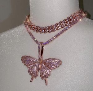Kettingen Roze vlinder ketting voor vrouwen meisje mode sieraden met tennisketen Miami Cuban Link kettingen