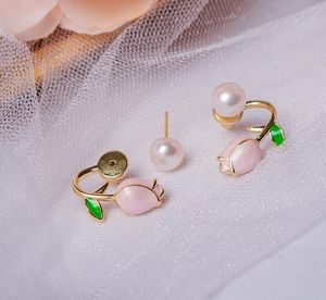 Två sätt att bära plätering 14K Gold Crystal Tulpanar Ear Studs Natural Freshwater Pearl Earrings White Lady/Girl Fashion Wedding Jewelry