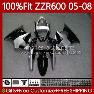 Spritzgusskörper für KAWASAKI NINJA 600CC ZZR600 05 06 07 08 Karosserie 134Nr. 47 100 % passend Silber Schwarz ZZR-600 600 CC 05-08 ZZR 600 2005 2006 2007 2008 OEM-Verkleidungsset