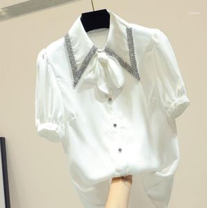 Summer 2022 Korean Diamond Drill Collar Short-sleeved Chiffon Shirt Solid Color Lady White Blouse Slim Blusas Tops Women's Blouses & Shirts