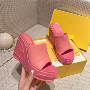 Slippers raised waterproof platform one word slip on leather shoes 8.5cm high heels open toe womens sandals designer factory classic our size 35-41 with box