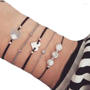 Цепочка ссылки 5pcs/Set Geometric Boho Fashion Style Pine Stone Bracelet Bracelet Fan Craied Wax Toving Женщины ювелирные аксессуары Kent22