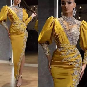 Arabic Gold Formal Evening Dresses Ankle-Length Sparkly Sheer Long Sleeves Crystal Beaded Lace Side Split Prom Dress Party Gowns