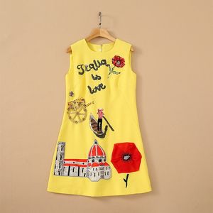 Casual Dresses European and American women's wear spring new Sleeveless round collar pin beaded sequins Fashionable yellow dress