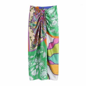 Gonne Chic Knot Front Vents Womens Midi Vita alta Back Zipper Package Gonna anca 2022 Vintage Colorful Print Faldas Mujer