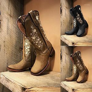 Botas Moda Feminina Floral Bordado Ocidental Quente Cowgirl até o Joelho Equitação Vintage Ao Ar Livre