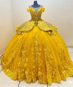 Sarı boncuklu quinceanera elbiseler top doğum günü parti elbisesi dantel yukarı mezuniyet elbisesi Cinderella vestido de 15 anos