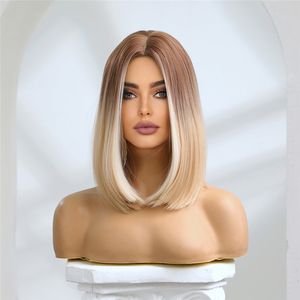 Short straigh wigs adjustable Natural Look false hair Synthetic mix color Platinum gradient Wigs