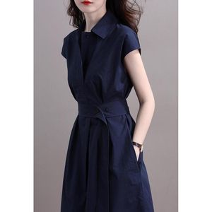Lässige Kleider Marineblau Kurzarm Hemd Hemd Kleid Sommerstil groß und dünn Schnüren Damen Midi Kleiderkasual Casualcasual
