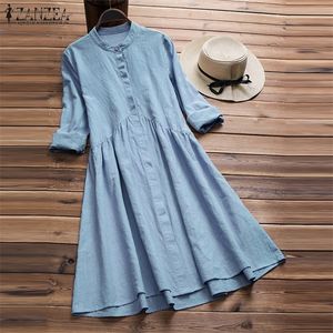 Zanzea Women Knapp Down Dress Elegant Lady Cotton Linen Vestido Female Mandarin Collar Dresses Robe Femme Sundress Plus Size T200416