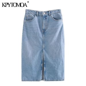 KPYTOMOA Frauen Chic Mode Hohe Taille Denim Midi Rock Vintage Zipper Fly Taschen Front Vents Weibliche Röcke Faldas Mujer 210331