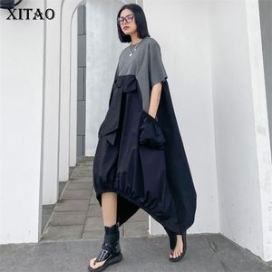 XITAO不規則なプリーツヒット色のドレスプラスサイズのゆるい覆い腹部プルオーバー半袖エレガントドレス夏XJ4818 210322