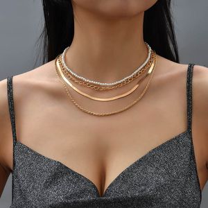 Trendig kvinnlig guldfärg metallkedja skiktade halsband för kvinnor bohemiskt mode enkelt vita pärlhalsband party smycken