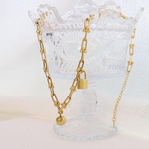Pendanthalsband 18K Gold Lock Round Bead Halsband Armband Titanium Steel U Shaped Link Set Trendy Jewelry Gift Hoventant