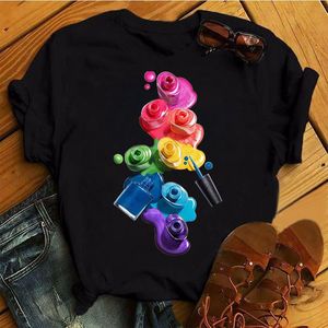 Fashion Women Colorful Nali Art T Shirt Black T-shirt Female Short Sleeve Tops Printed 90s Girls Cute