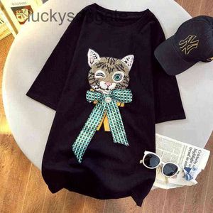G Kläddesigner T skjorta och skjortor Summer Lazy Cat Fantastisk Rhinestone Pärlor Arch Western Style Mid Längd Short Sleeve T Shirt Women Top TTTV