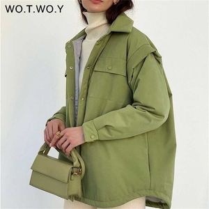 WOTWOY Patchwork Sleeve Autumn Winter Jackets Women Elegant Single Breasted Cotton Padded Parkas Female Sold Bubble Coat 211120