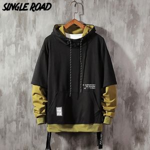 Singleroad erkek hoodies erkekler kurdele patchwork büyük boy Japon sokak kıyafeti sweatshirt hip hop sweatshirts siyah kapüşonlu erkek 201113