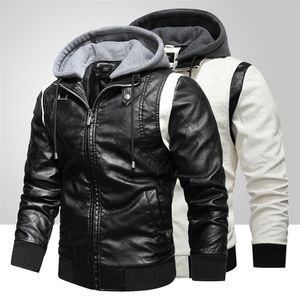 Fashion Hooded Leather Jacket män Vinter tjocka varma rockar män pu motorcykeljacka plus sammet faux läderrock 201127