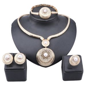 Luxus Gold Farbe Kristall Imitation Perle Schmuck Sets Für Frauen Halskette Armband Ohrringe Ring Hochzeit Braut Schmuck Sets