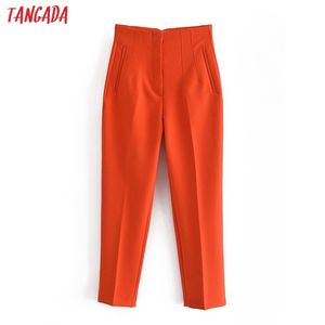 Tangada 패션 여성 오렌지 정장 바지 바지 바지 높은 허리 포켓 버튼 사무실 레이디 Pantalon QN51 220725