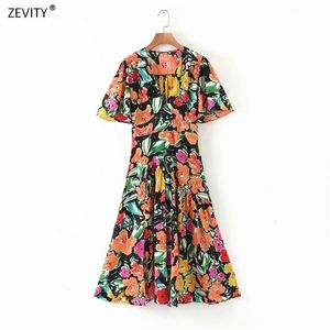 Nowe kobiety Vintage kolorowy nadruk Graffiti Casual Slim Midi Dress Femme V Szyja Hem Pleats Side podzielone sukienki DS3502 T200603