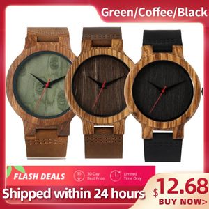 Wristwatches 2022 Top Gift Black/Coffee/Green Dial Natural Bamboo Wood Watch Men Women Genuine Leather Wooden Clock Male Hour Reloj De Mader