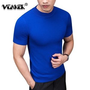 Brand Summer moda masculina camiseta slim color sólida o colarinho tricô meio curto camiseta de malha de malha 4xl 201126