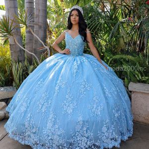 Light Sky Blue Ball Gown Quinceanera Dresses Lace-up Back Sweet 16 Dress Lace Appliqued Pärled från axelpartiet slitage promklänningar