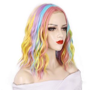 Moda Rainbow Wigs sint￩ticos Ondas profundas Performance de cosplay de cabelo curto longo
