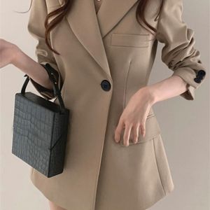 Aelegantmis Autunno Coreano Lungo Donne Blazer Giacca Office Lady Casual Slim Suit Blazer Cappotto Lavoro solido Capispalla femminile 220402