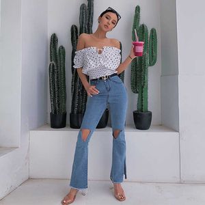 Korea Fashion Women Bootleg dżinsy Jeans seksowna dziura kostka szczupła stretch kobiet damowe wypłaty rozdzielające spodni Mujer 210608