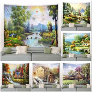 Oil Paint Rural Landscape Carpet Wall Hanging Mural Background Carpets Beach Towel Fabric Blanket Living Bedroom Home Decor J220804