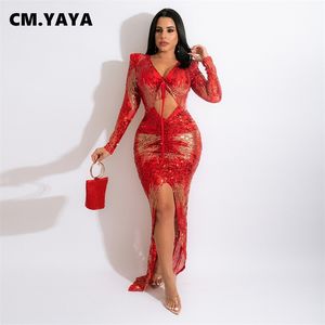 CM.YAYA Women Sequins Splicing V-Neck Long Sleeve Tie Up Ruched High Slit Bodycon Mermaid Maxi Dress Sexy Party Long Dresses 220516