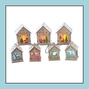 Christmas Ornaments Led Wooden Hanging House Decorations With Lights Mini Model Decor For Home Drop Delivery 2021 Festive Party Supplies G