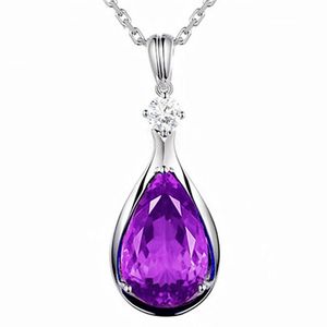 Lockets 4 S Purple Crystal Amethyst ädelstenar Diamonds Klassiska dropphängen Halsband för kvinnor Vitt guld Silverfärgsmycken
